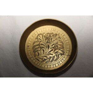 Vintage Round Brass Trinket Dish with Intricate Etched Leaf Fern Design Pattern